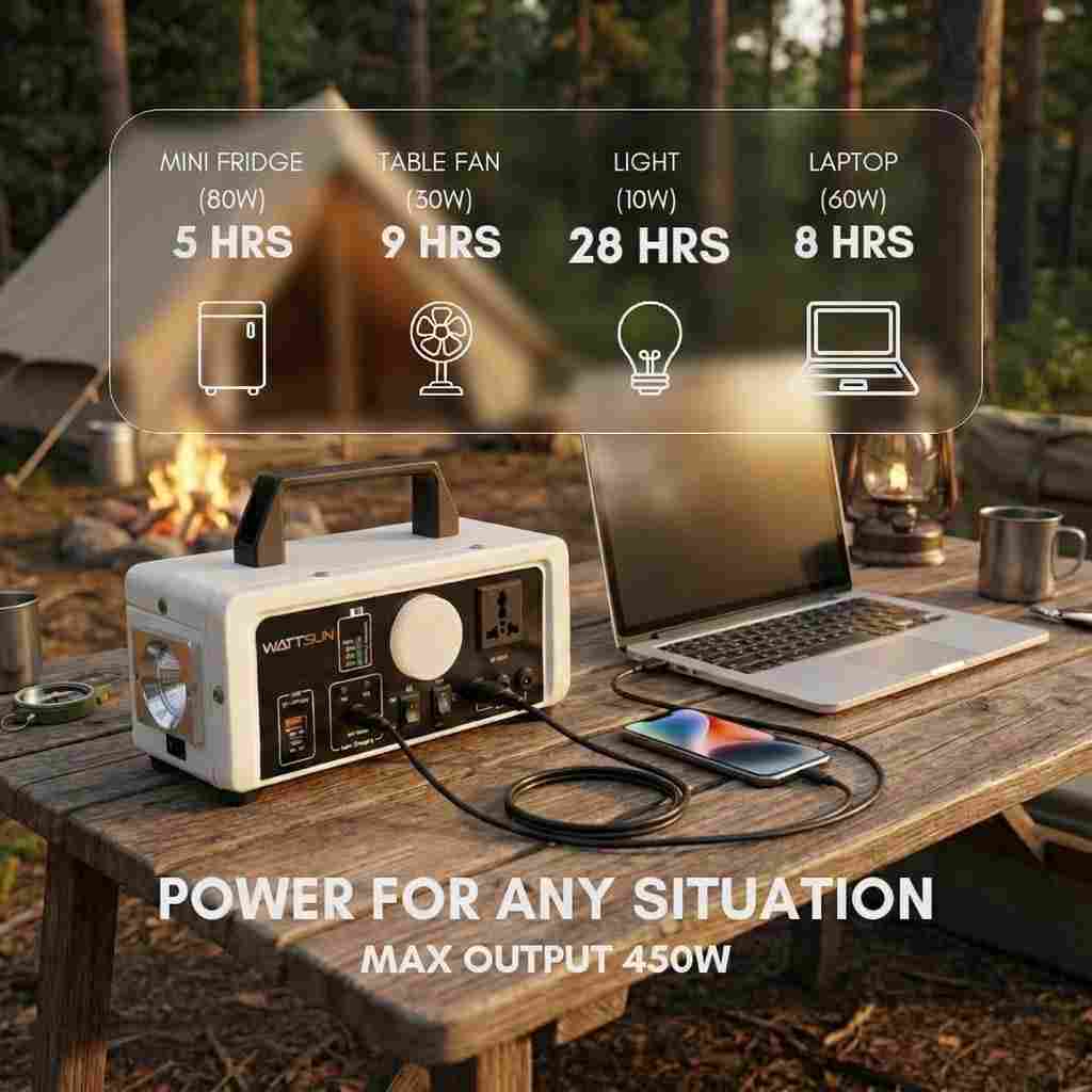 Wattsun 450W Portable Power Station | 296Wh Lithium Battery | 6 Output Ports | IP32 Rated | 15W LED Light